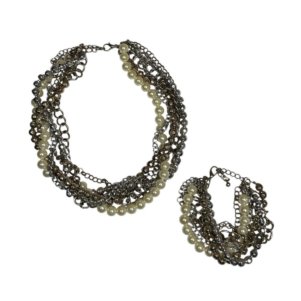 PREMIER DESIGNS Wow Factor 5 Strand Faux Pearl and Chain Necklace & Bracelet Set